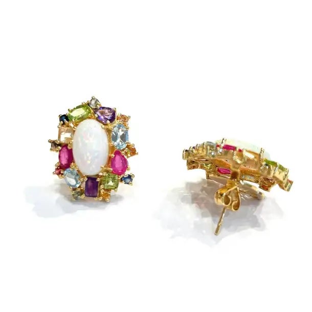 Bochic “Orient” Retro Opal, Ruby & Amethyst Earrings Set In 18K Gold & Silver, 2 pieces For Sale - Image 4 of 12