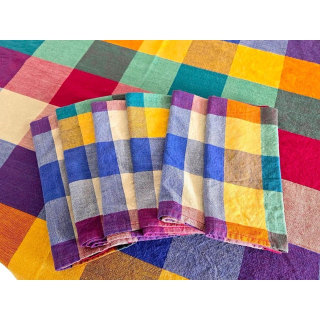 Vintage Dansk Ritva Puotila Cotton Madras Woven Tablecloth and Napkins, Set of 7 Pieces For Sale In Miami - Image 6 of 11
