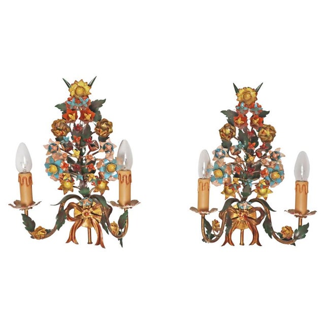 Floral Two-Armed Wall Lights, Italy, 1970s, Set of 2 For Sale - Image 18 of 18