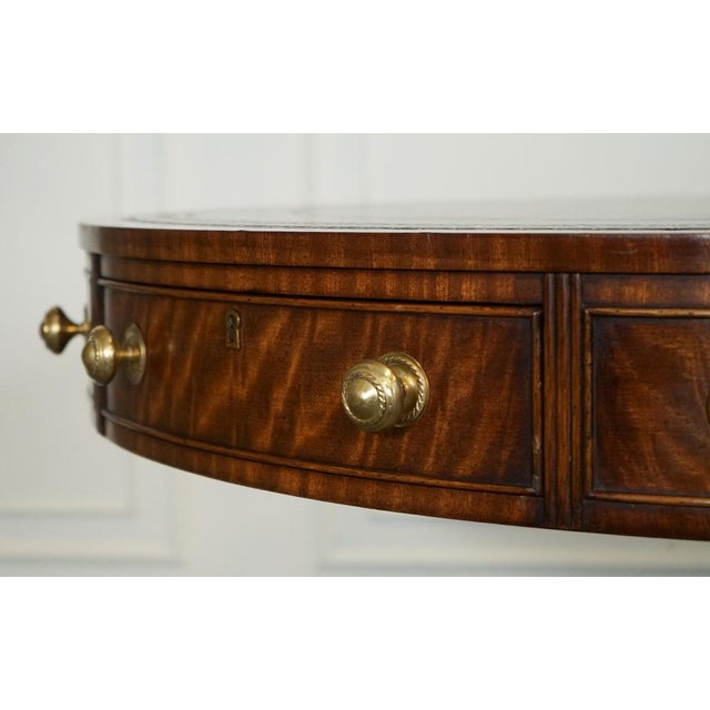 Fine Regency Drum Top Library Table with Aged Green Leather Top For Sale - Image 10 of 15
