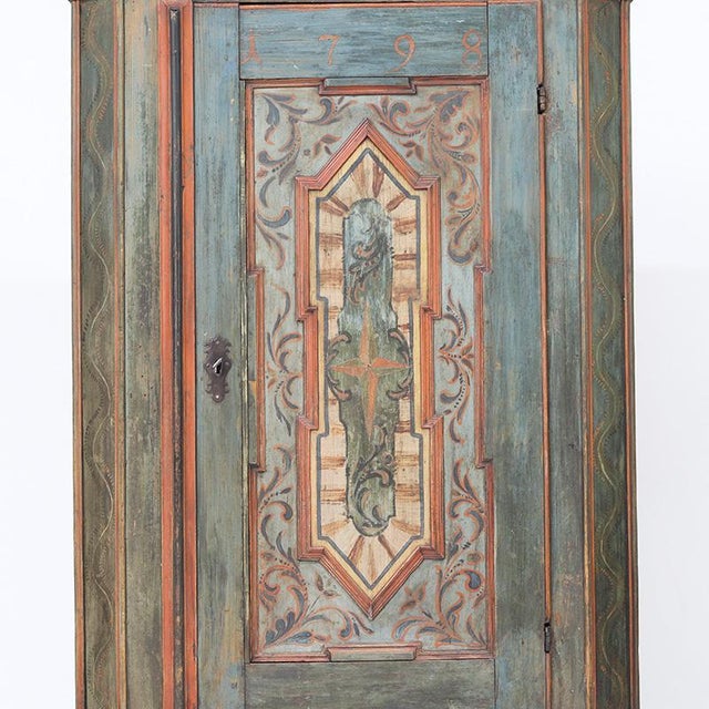 Late 18th Century Folk Art Rustic Farmhouse Painted Bridal Cabinet, 1798 For Sale - Image 5 of 14