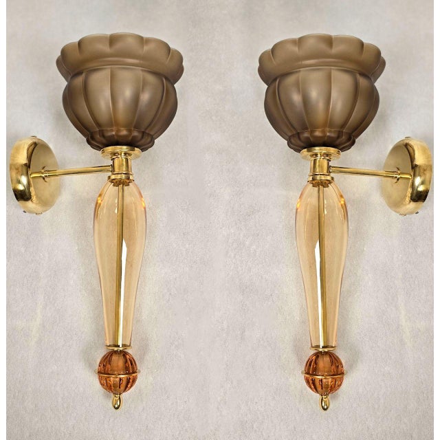 Mid-Century Modern 1990s Mid-Century Modern Brown and Amber Murano Glass Sconces - a Pair For Sale - Image 3 of 11