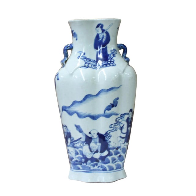Chinese Blue White Porcelain Eight Immortal Graphic Flat Body Vase For Sale - Image 4 of 7