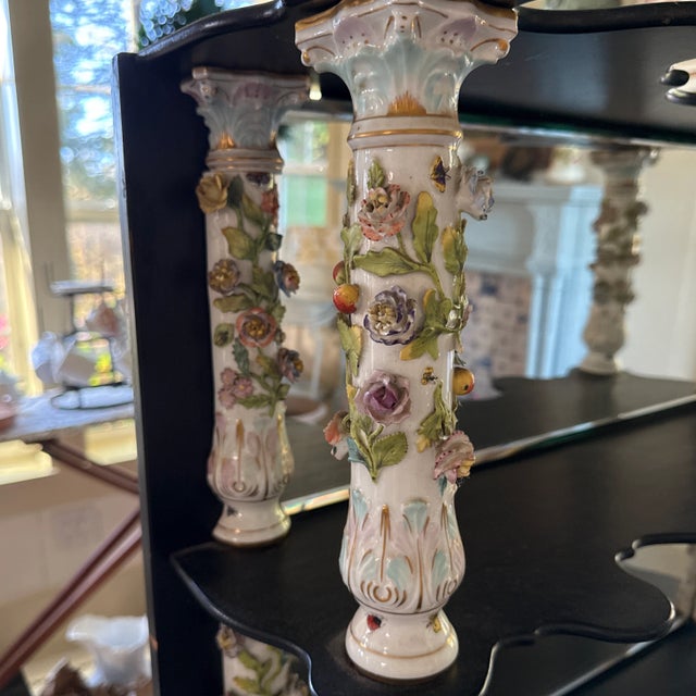 Ceramic Stunning Rare Antique Ebony Wall Shelf With Meissen Porcelain Pillars For Sale - Image 7 of 10