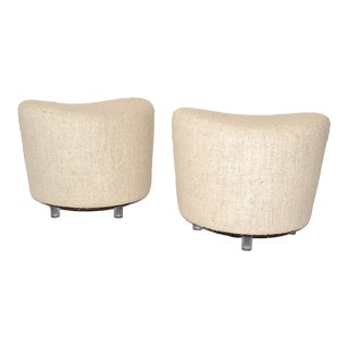 Pair, Oval Wool Boucle Basketweave Upholstery Swivel Ottoman Mid-Century Modern For Sale