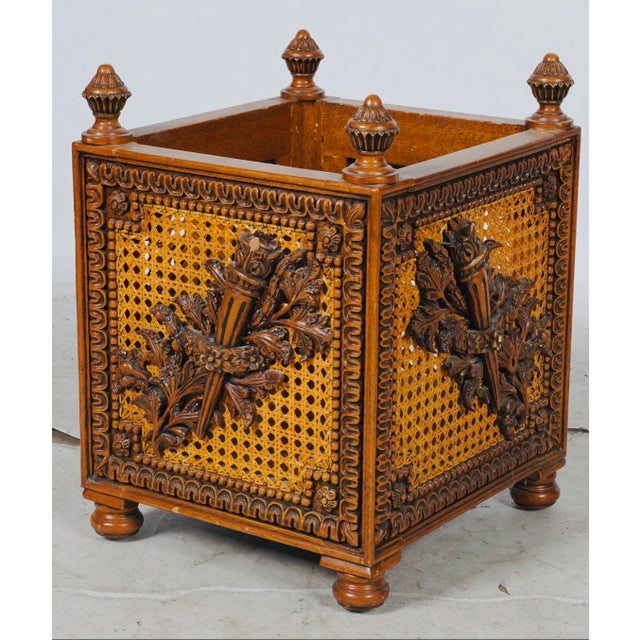 1900 - 1909 Antique French Carved Walnut and Cane Jardinière With Torch and Floral Motifs For Sale - Image 5 of 6