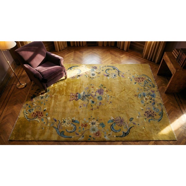 1920s Yellow Gold Floral Vase Antique Chinese Art Deco Carpet 8'8" X 11'4" Knotted Wool Rug For Sale - Image 15 of 15
