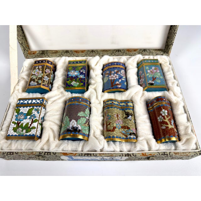 Chinese Vintage Chinese Cloisonné Small Canister Jar Set - 8 Canisters W/ Original Box For Sale - Image 3 of 17