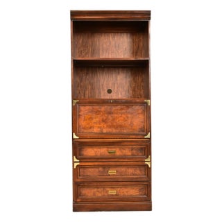 Henredon Style Mid-Century Modern Hollywood Regency Campaign Burled Walnut Bookcase With Drop Front Secretary Desk, Circa 1970s For Sale