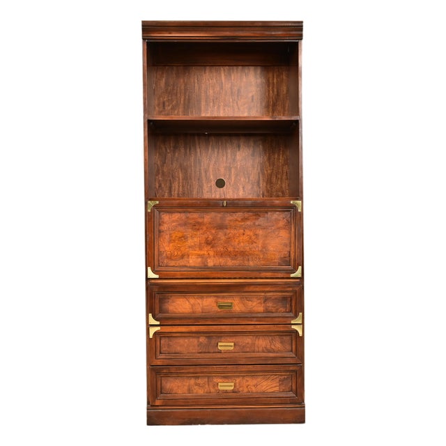 Henredon Style Mid-Century Modern Hollywood Regency Campaign Burled Walnut Bookcase With Drop Front Secretary Desk, Circa 1970s For Sale