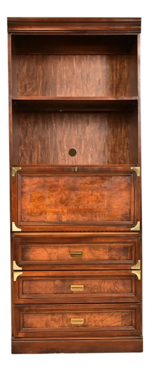 Henredon Style Mid-Century Modern Hollywood Regency Campaign Burled Walnut Bookcase With Drop Front Secretary Desk, Circa 1970s