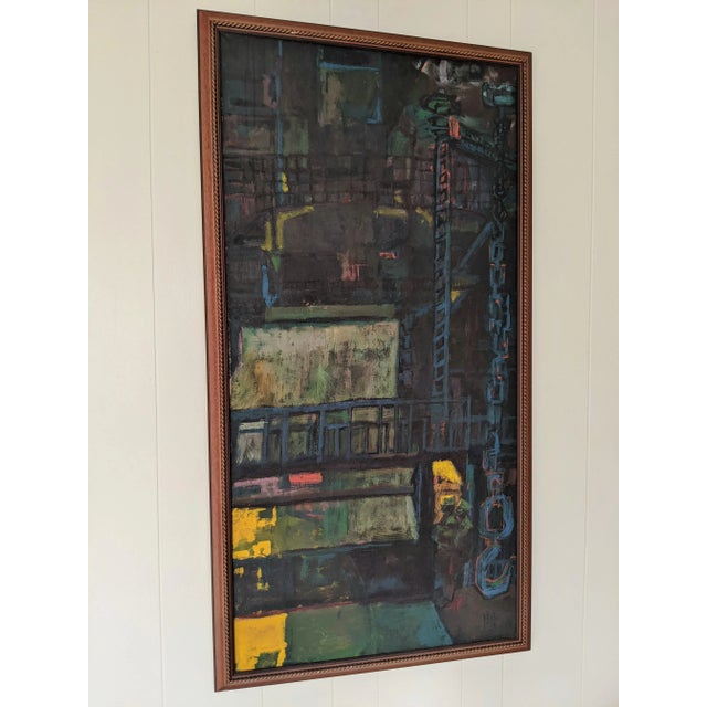 Wood Vintage Modernist Brutalist Construction Scaffolding Architectural Building Oil Painting Framed For Sale - Image 7 of 12
