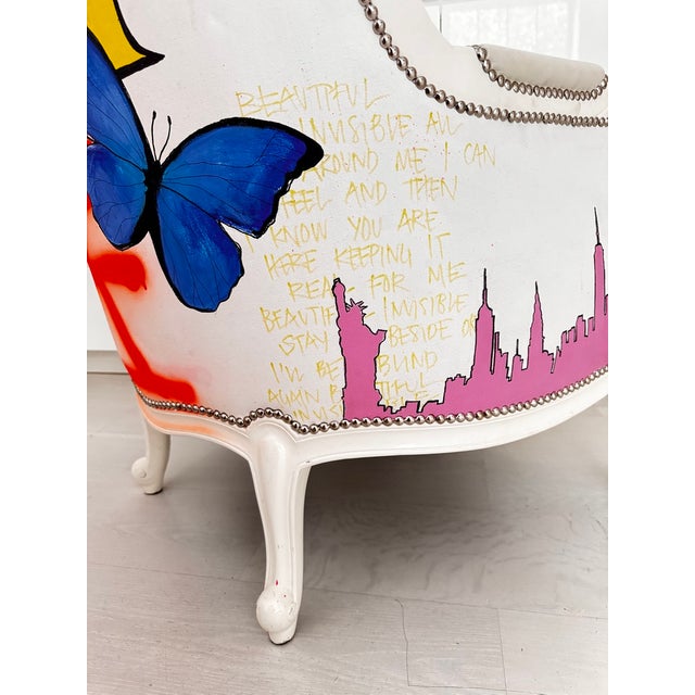Pair of Bespoke Jimmie Martin Hand-Painted White Leather Graffiti Armchairs For Sale - Image 16 of 18