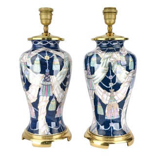 1980s Tassel Decorated set of Chinese Porcelain Table Lamps For Sale