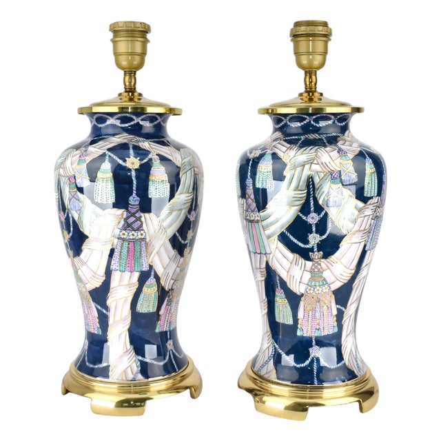 1980s Tassel Decorated set of Chinese Porcelain Table Lamps For Sale