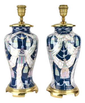 1980s Tassel Decorated set of Chinese Porcelain Table Lamps