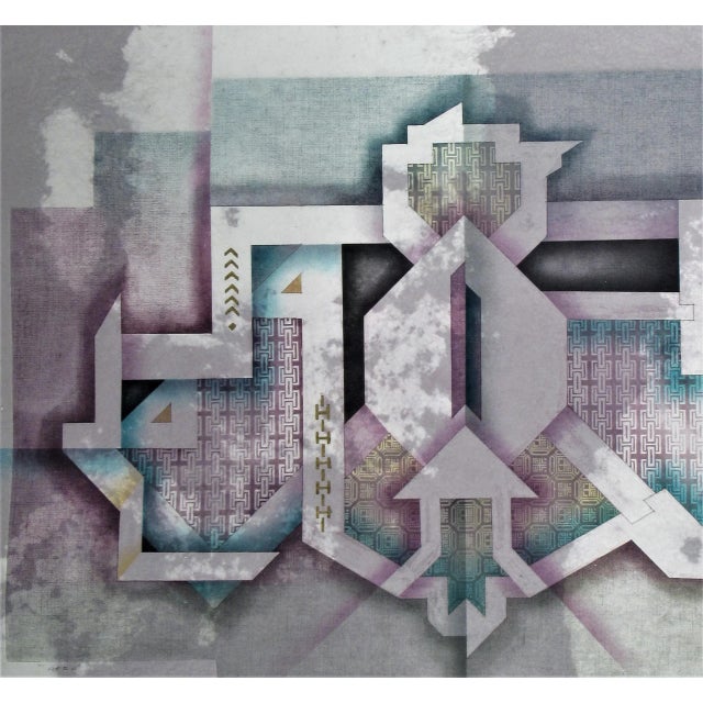 This artwork titled "Aero" 1990 is a color etching, with embossing and gold addition on handmade paper, with deckle edge,...