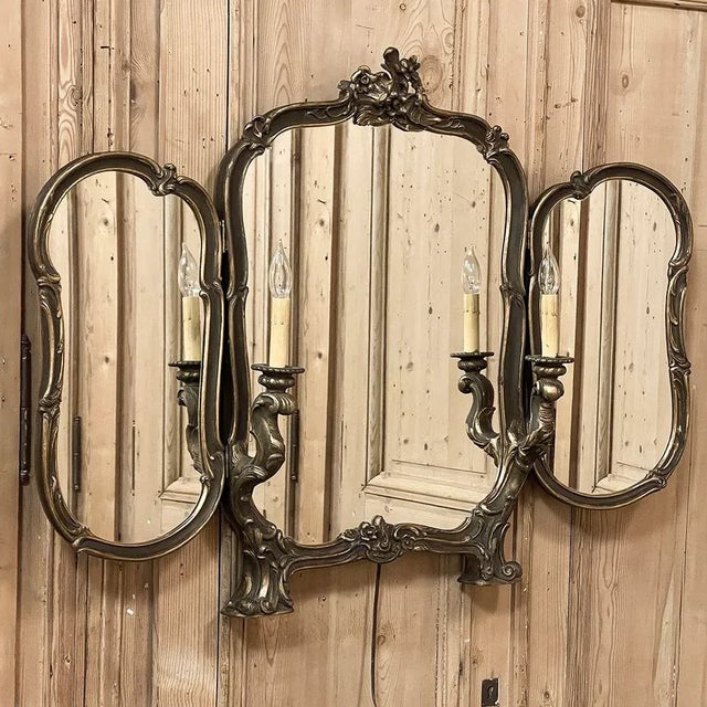 Rococo Antique Italian Rococo Tri-Panel Mirror With Lighting For Sale - Image 3 of 12