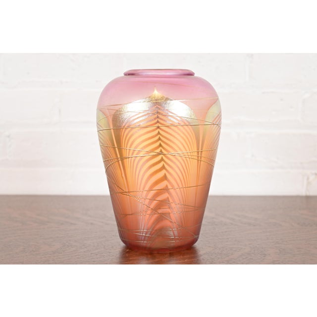 Louis Comfort Tiffany Style Iridescent Art Glass Pulled Feather Vase by Stephen Correia For Sale - Image 13 of 13