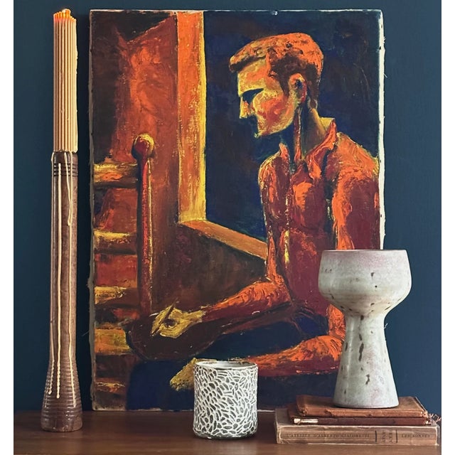 Vintage Expressionist Figurative Portrait with Chair, Signed (ca. 1970, Acrylic on Canvas). Expressionist portrait of man...
