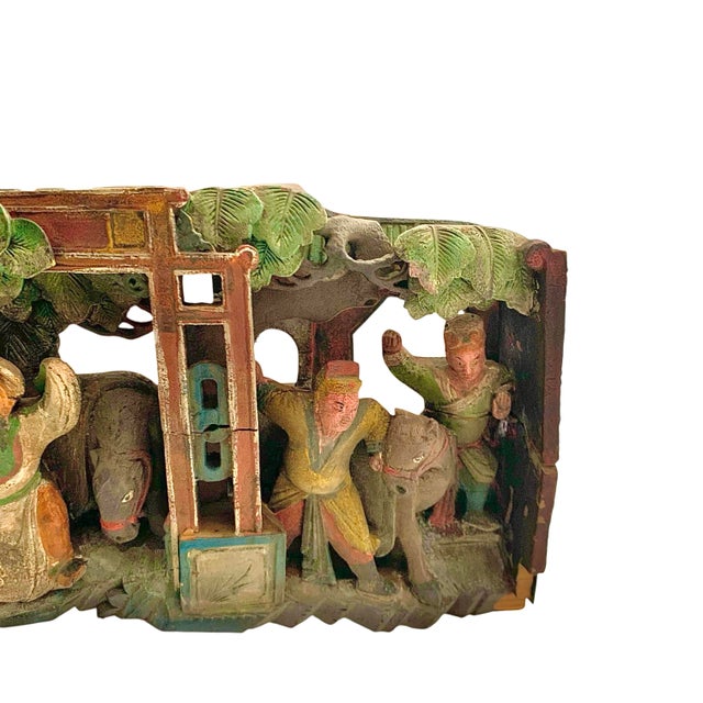 Late 20th Century Hand Carved Relief Wood Panel Temple Scene Old Vintage Folk Art Oriental Decor For Sale - Image 4 of 9