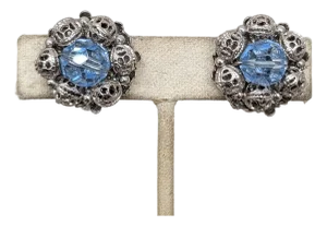 Vintage 1960s Signed Napier Rhodium Plated Faux-Aquamarine Bead Clip Earrings-2 Pieces