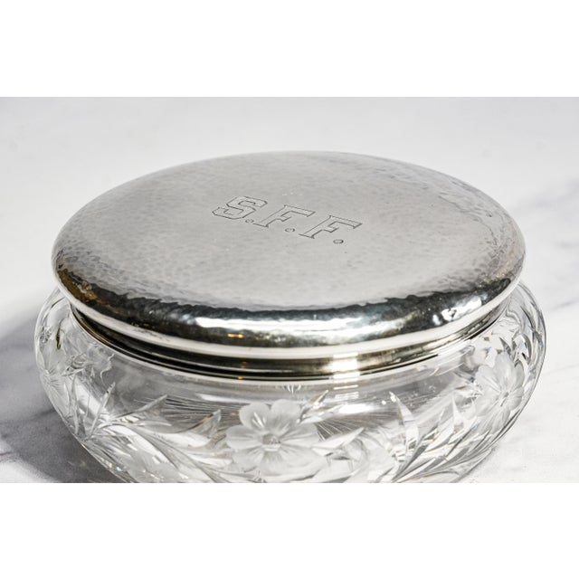 Traditional Stunning Large Antique Crystal Powder Jar Sterling Silver Lid Floral Cut Glass Edwardian Vanity Box For Sale - Image 3 of 16