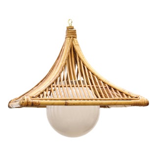 Large Vintage Boho Chic Bamboo Swag Lamp - Square With Glass Orb For Sale