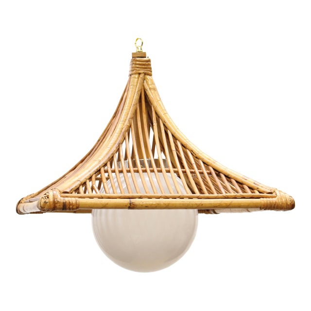 Large Vintage Boho Chic Bamboo Swag Lamp - Square With Glass Orb For Sale