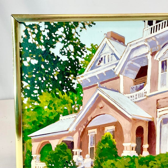1970s Impressionist “Morning Sun” on a Victorian House Original Oil Painting, Artist Signed For Sale - Image 6 of 12