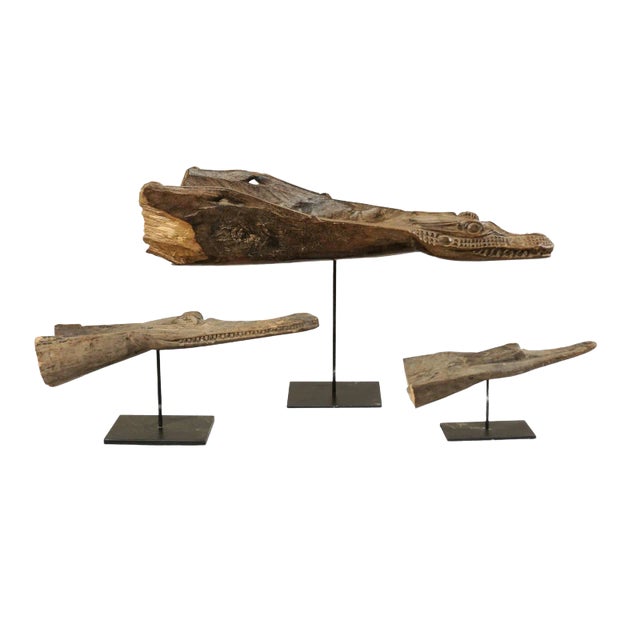 Carved Wood Crocodile Head Boat Prows on Stands, Papua New Guinea - Set of 3 For Sale