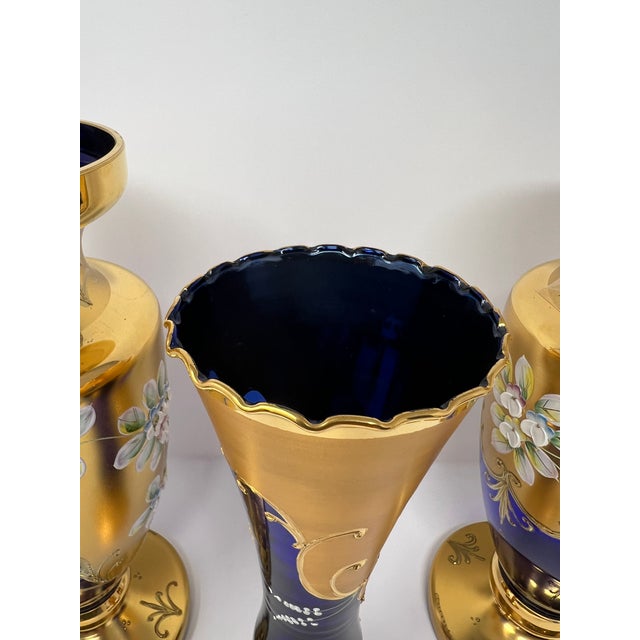 Blue Signed Antique Moser Karlsbad Cobalt & Gilt Enamel Art Glass Garniture Set, 3 Pieces, Circa 1900 For Sale - Image 8 of 11
