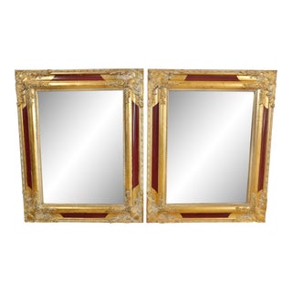 Pair Vintage Red & Gold Ornate Hanging Wall Mirrors For Sale