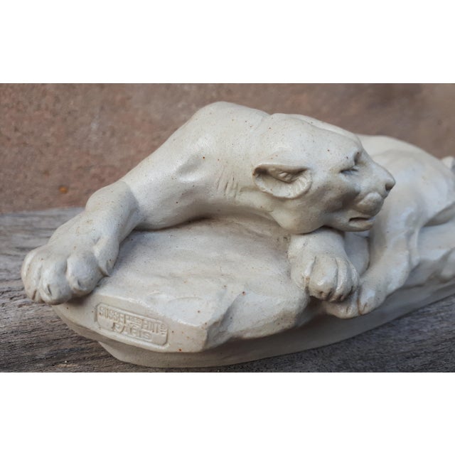 Sculpture of Lying Lioness in Enamel & Stoneware by Clovis-Edmond Masson, 1890s For Sale - Image 5 of 18