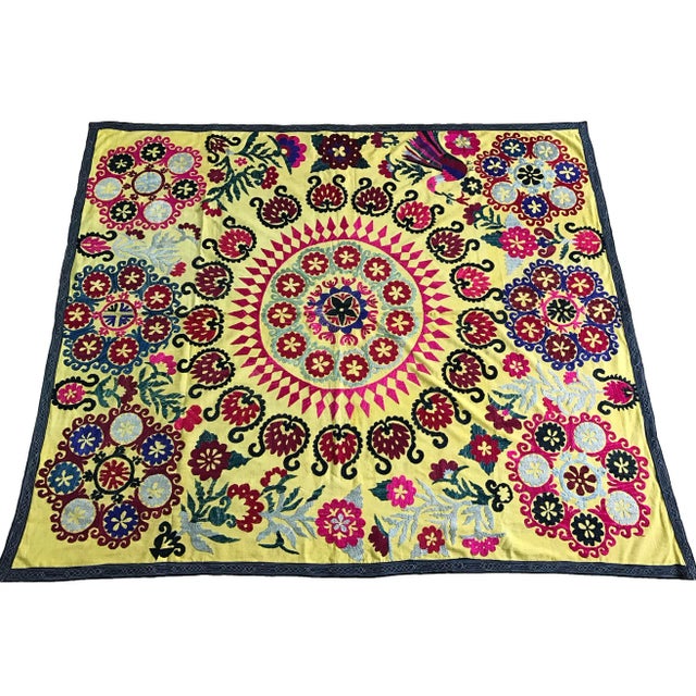 Tribal Vintage Yellow Bird Pattern Suzani For Sale - Image 3 of 6