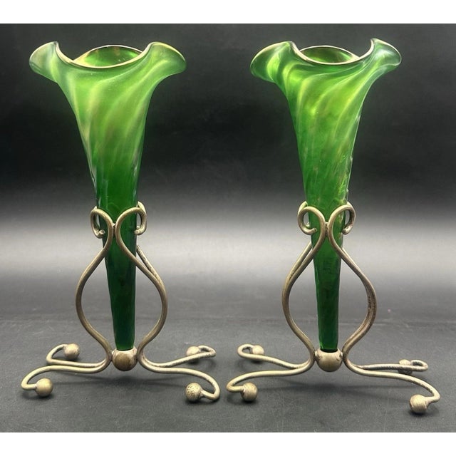 Victorian Antique Victorian Glass Epergne Trumpet Horn Vase Green Opaline Metal Base Pair For Sale - Image 3 of 17