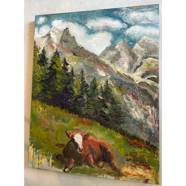 Kelly Green "Cow in the Swiss Alps", Original Oil Painting, by Van Ness For Sale - Image 8 of 9