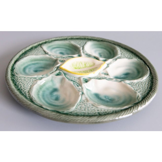 French Antique French Saint Clément Majolica Blue Green & Yellow Lemon Wedge Oyster Plate For Sale - Image 3 of 7