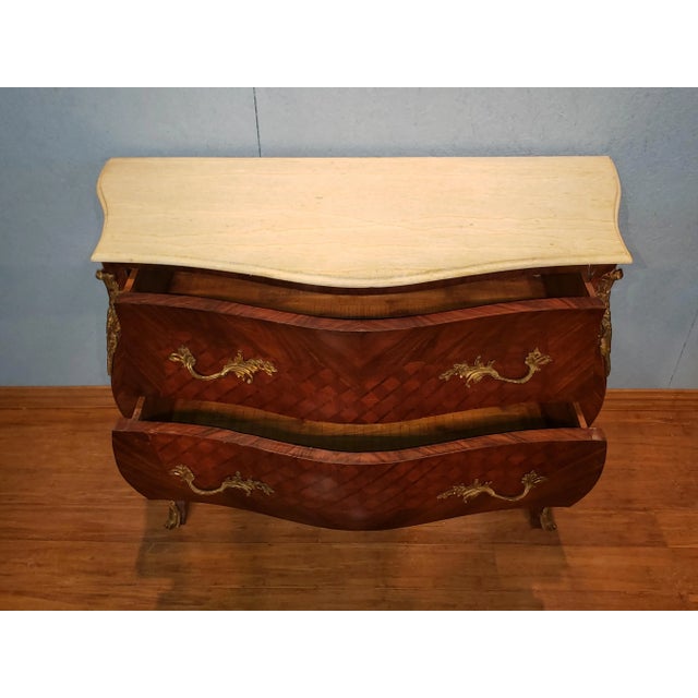 1960s Louis XV Style Marble Top Inlaid Bombe Chest For Sale - Image 5 of 13