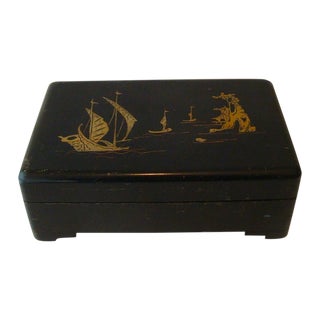 Chinoiserie Sailboat on Lake Black Lacquer Box For Sale