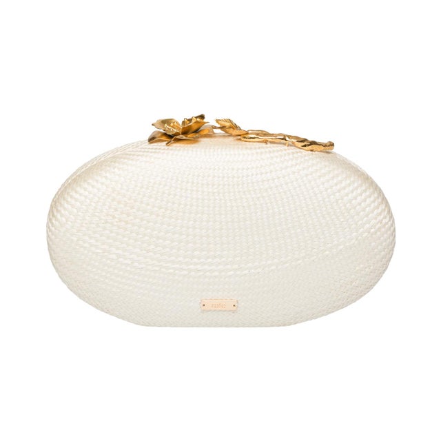 Metal Joanna Oval Clutch in Off White With Gold Flower Clasp For Sale - Image 7 of 7