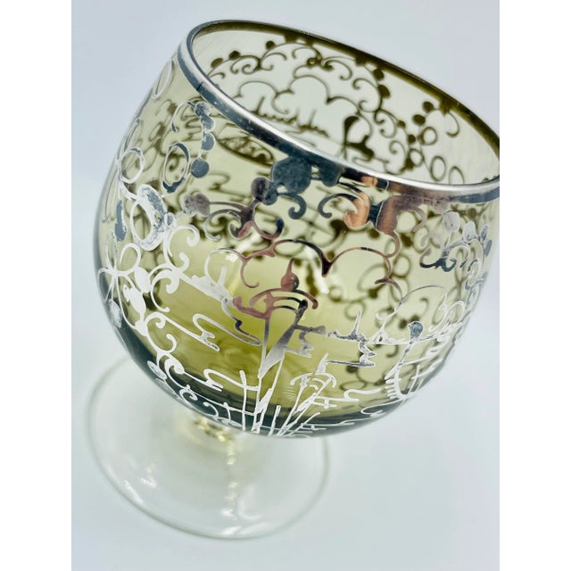 Vintage Petite Smokey Quartz-Colored Brandy/Cognac Snifters With Silver Gilded Venetian Scene -Set of 6 For Sale - Image 9 of 13