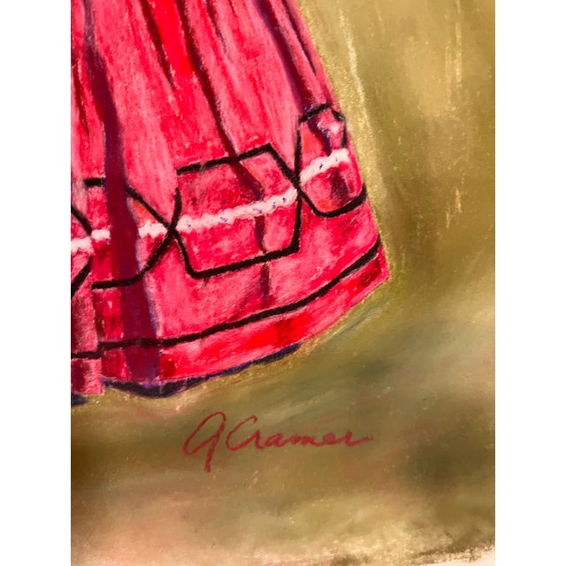1990s 1990s Original Oil Pastel Art Victorian Lady Red Dress Black Parasol Signed Cramer For Sale - Image 5 of 5