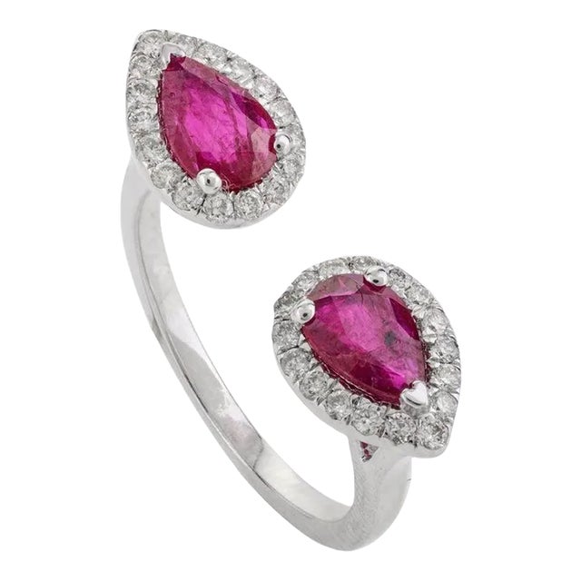 Genuine Pear Ruby Halo Diamond Toi Et Moi Ring Size 7 For Sale