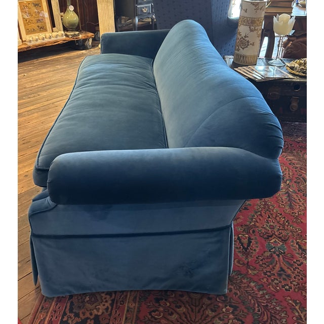 Absolutely lovely cobalt blue velvet sofa with box-pleat skirt over heavy, wood turned legs, single down-stuffed bench...