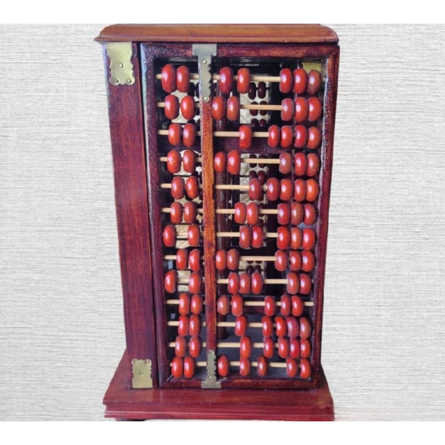 Chinoiserie Vintage Chinese Burgundy Wood Abacus Rectangular Shade Table Lamp For Sale - Image 3 of 10