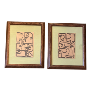 Contemporary 2 Original Wayne Cunningham Abstract Marker Drawings Vintage Frames-A Pair