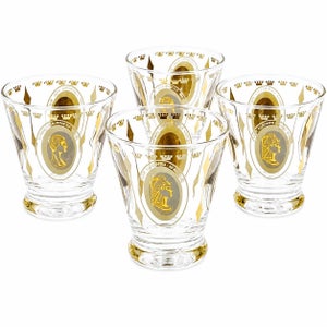 Vintage Mid-Century Cocktail Gold Royal Lady Portrait Cordial Shot Glasses- Set of 4