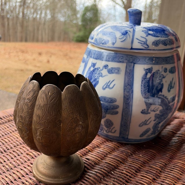 Vintage Engraved Brass Lotus Form Pedestal Vase For Sale - Image 4 of 4