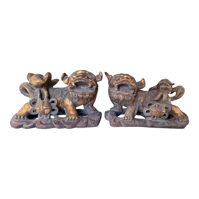 Antique Hand-Carved Chinese Guardian Lions or Foo Dogs - a Pair For Sale